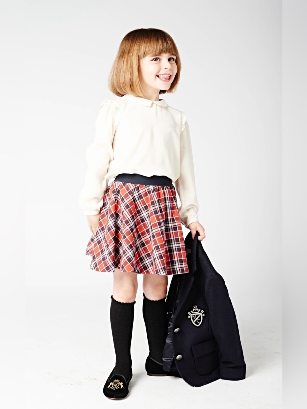 Marie Chantal Girls Ruffle Silk Long Sleeve Peter Pan Collar Blouse, Ivory, 5Y